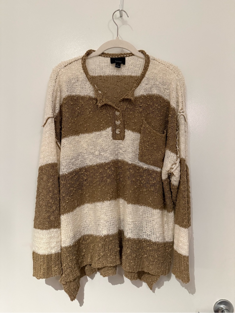 Casual Striped Henley Sweater in Cream and Brown